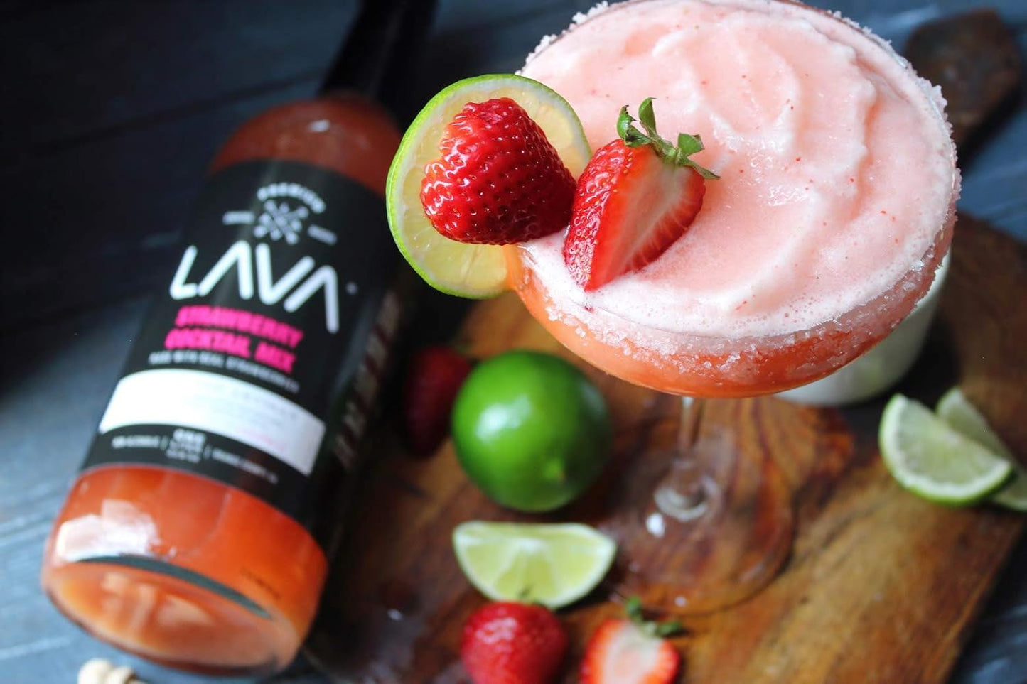 LAVA Premium Strawberry Margarita Mix Strawberry Daiquiri Mix, Made with Real Strawberries, Agave, Key Lime, No Artificial Sweeteners, Lots of Flavor, Ready to Use, 1-Liter (33.8oz) Glass Bottle