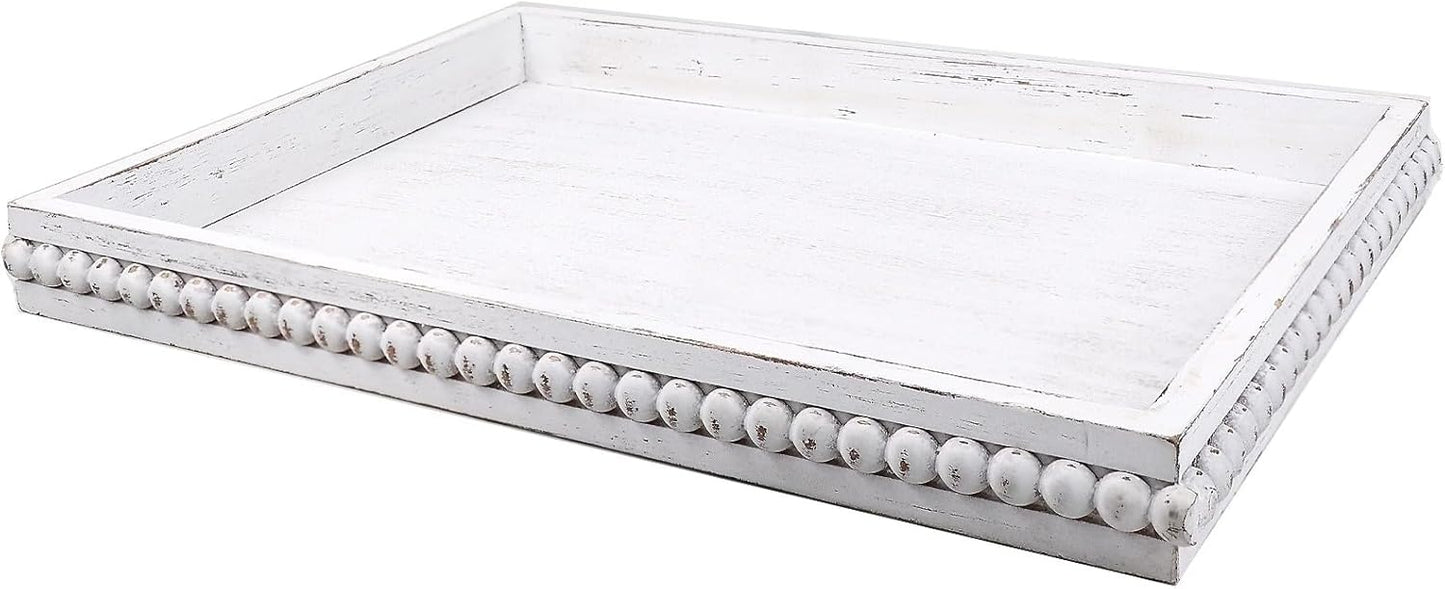 Wood Decorative Coffee Table Serving Tray, Farmhouse Rectangular Tray with Wooden Bead for Ottoman, Entertaining, Home Decor, 15.7”*11.8”*1.57” (Whitewashed)