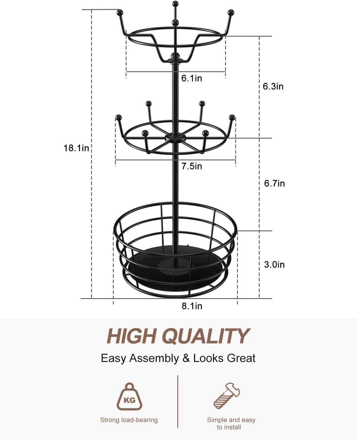 Visentor Rotatable Metal Coffee Mug Rack - 3 Tier Holder with 10 Hooks, Cup Pods & Saucer Basket for Bar Kitchen Counter - Black