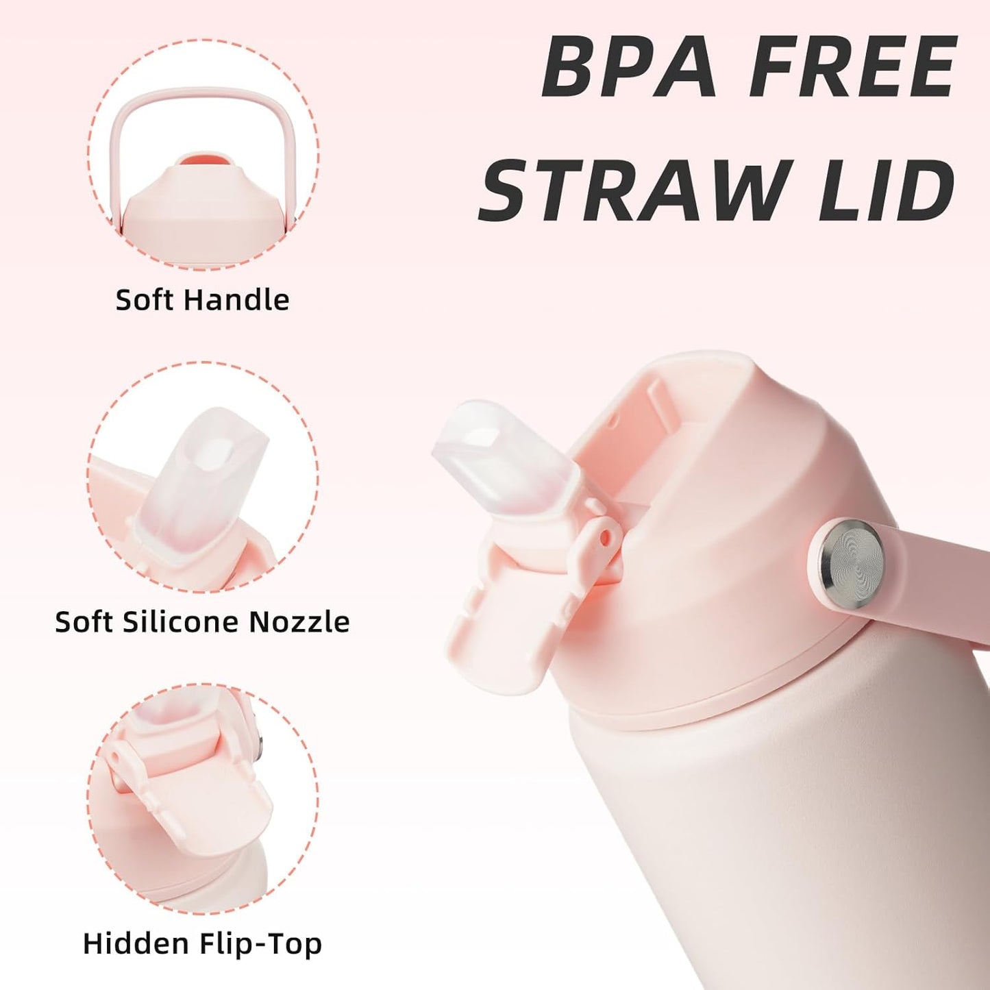 BJPKPK Insulated Water Bottle with Straw Lid, 12oz Thermos Water Bottles, Flex Handle & Non-slip Boot, BPA Free Leak Proof Stainless Steel Metal Thermos, Tumblers, Cups,Pearl Pink