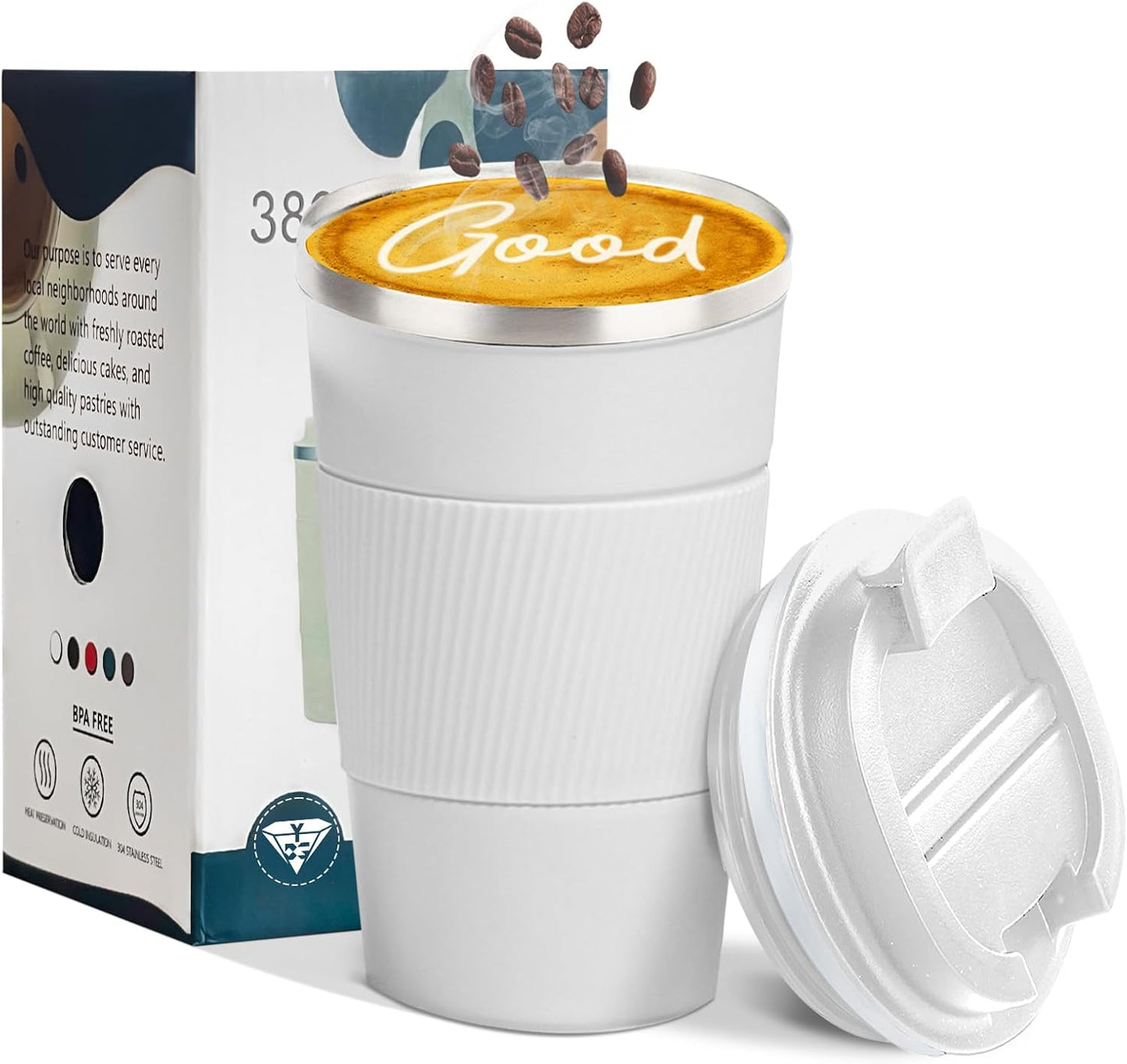 YINBAOGE Insulated Travel Coffee Mug Spill Proof Leak Proof Pobtable To Go Camping Stainless Steel Coffee Tumbler Reusable Coffee Cups with Lids Thermos for Hot and Cold Drink (White, 17 OZ)