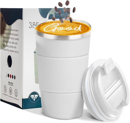 YINBAOGE Insulated Travel Coffee Mug Spill Proof Leak Proof Pobtable To Go Camping Stainless Steel Coffee Tumbler Reusable Coffee Cups with Lids Thermos for Hot and Cold Drink (White, 17 OZ)