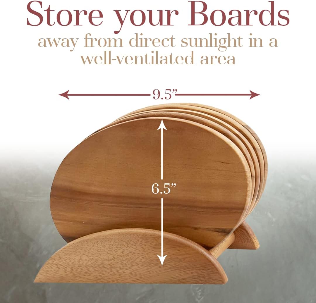 Woodard & Charles 6 Acacia Wood Serving Boards with Stand, Perfect for Serving, Sushi, Cheese, Hors d'oeuvre, Charcuterie, Sandwiches, 7 Piece Set, 9 1/2" x 6 1/2"