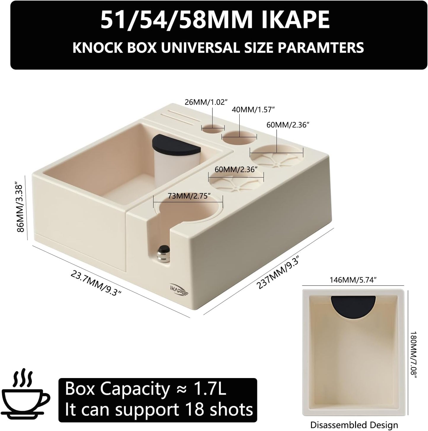 IKAPE Espresso Knock Box, Espresso Coffee Organizer Box Fit for Storage 51, 54, 58MM Espresso Tamper, Distributor, Portafilter & Puck Screen Accessories, Plastic Station Base(White)