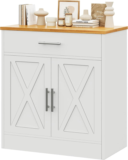 Vongrasig Sideboard Buffet with Storage, Modern Kitchen Storage Cabinet with 1 Drawer and 2 Doors, Wood Coffee Bar Buffet Table for Kitchen, Dining Room, White