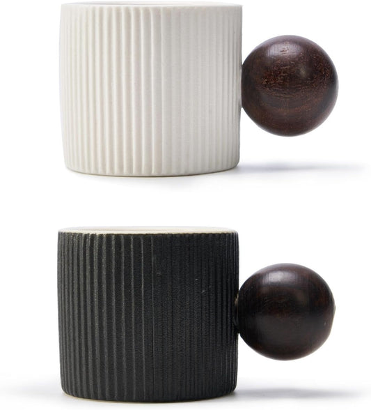 Ceramic Mini Espresso Cups Demitasse Cups with Round Wooden Handle Vertical Stripes Tea Cups (Black/White, 2pcs)