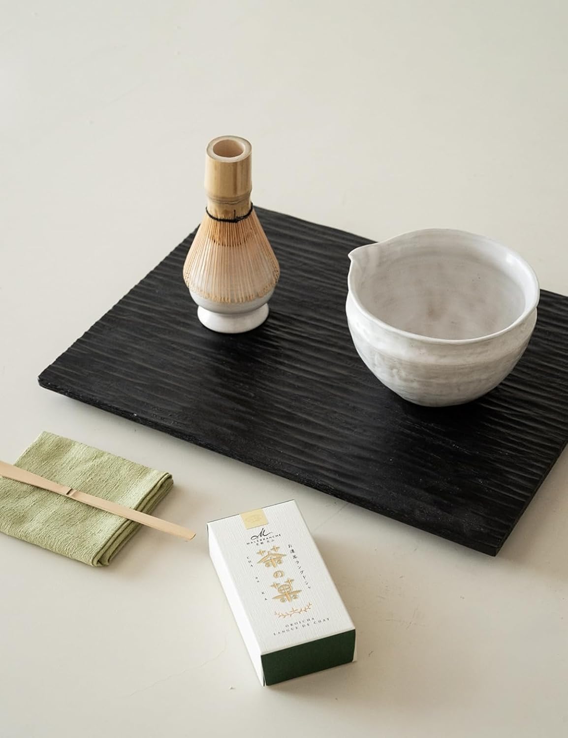 6-pcs Japanese Matcha Whisk Set with Handmade Wabi-Sabi Ceramic Bowl(Chawan),Bamboo Chasen, Whisk Holder, Scoop, Sifter & Tea Towel,Matcha Ceremony Kit,(Light Veil Gray)