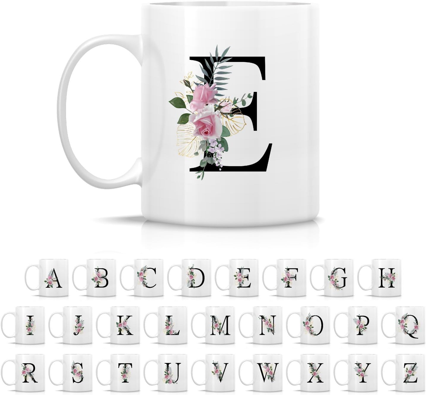 Retreez Initial A-Z Floral Botanical Bouquet Alphabet Monogrammed Monogram Mug 11 Oz Ceramic Tea Coffee Mugs - Appreciation Thank You Wedding Birthday Gifts for her friend coworker sister - E Initial