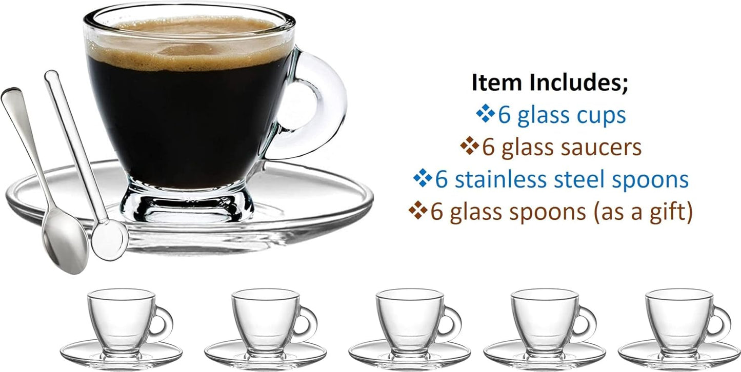 BOHEM'S Espresso Cups, 3.2 oz Small Demitasse Clear Glass Espresso Drinkware, Set Of Cups, Saucers and Stainless Steel mini Spoons + Free Glass Spoons (Set of 6)