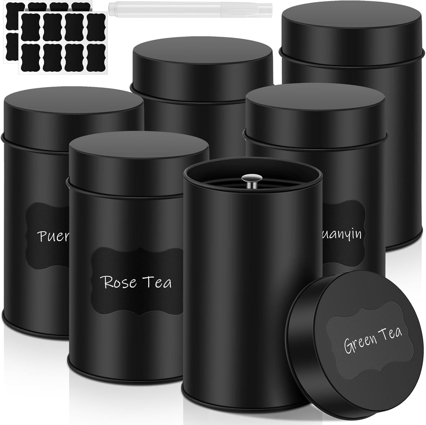 Tanlade 6 Pcs Tea Tin Canister Metal Round Can with Airtight Lid Double Sealed Tea Tin Canisters, with 1 Erasable Chalk Marker and 16 Stickers for Loose Leaf Coffee Sugar, 16 oz