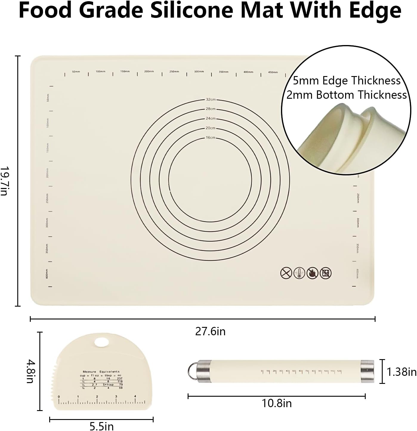 28" X 20" Dough Mat for Counter, Pastry Mats for Rolling Dough, Silicone Baking Mat with Measurements, Non Stick Silicone Pastry Mat, Kneading Counter Mat for Pastry, Bread, Cookies, Pizza