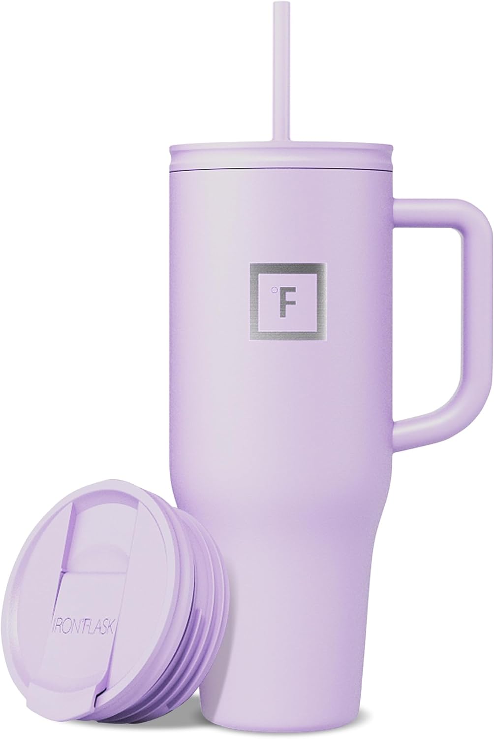 IRON °FLASK Co-Pilot Insulated Mug w/Straw & Flip Cap Lids - Cup Holder Bottle for Hot, Cold Drink - Leak-Proof- Water, Coffee Portable Travel Tumbler - Lavender, 40 Oz