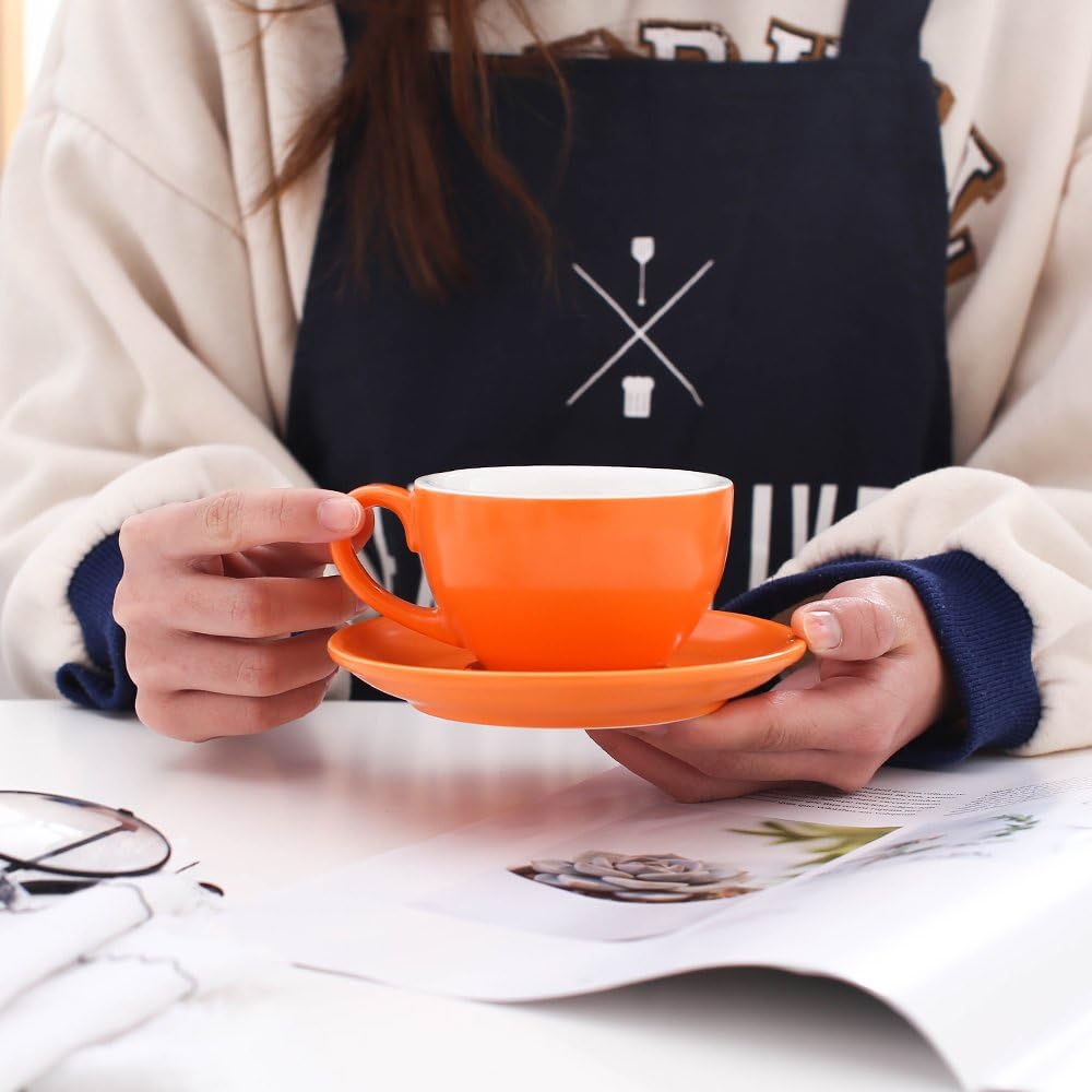 Americano Cup and Saucer Latte Art & Cappuccino for Barista (Matte Orange, 8.5 oz)