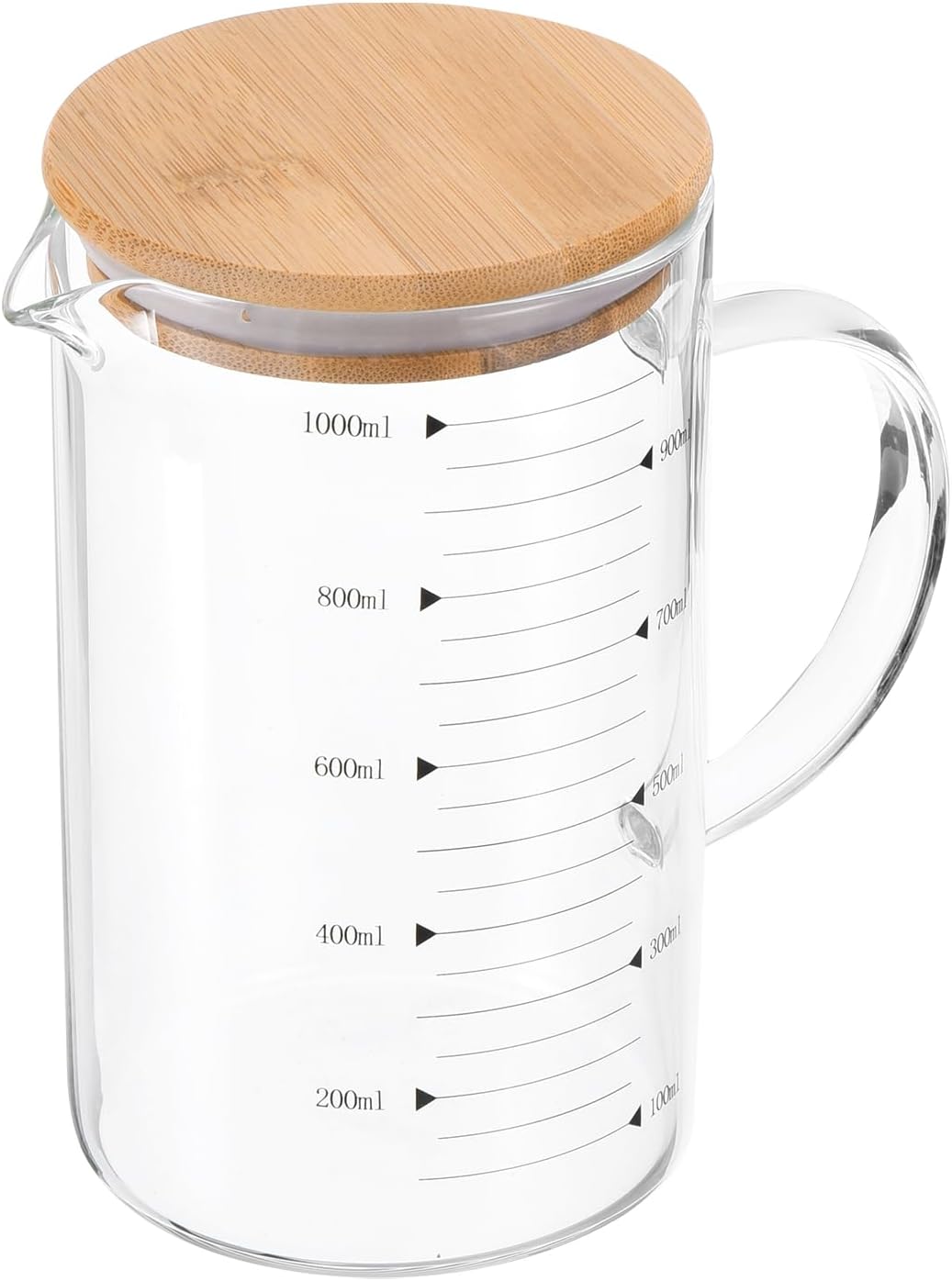 PATIKIL 1000ml Glass Measuring Cup, 3.3 Borosilicate Glass Graduated Black Printed Scale Liquid Measure Cups Beaker with Wood Lid and V-Shaped Spout for Kitchen