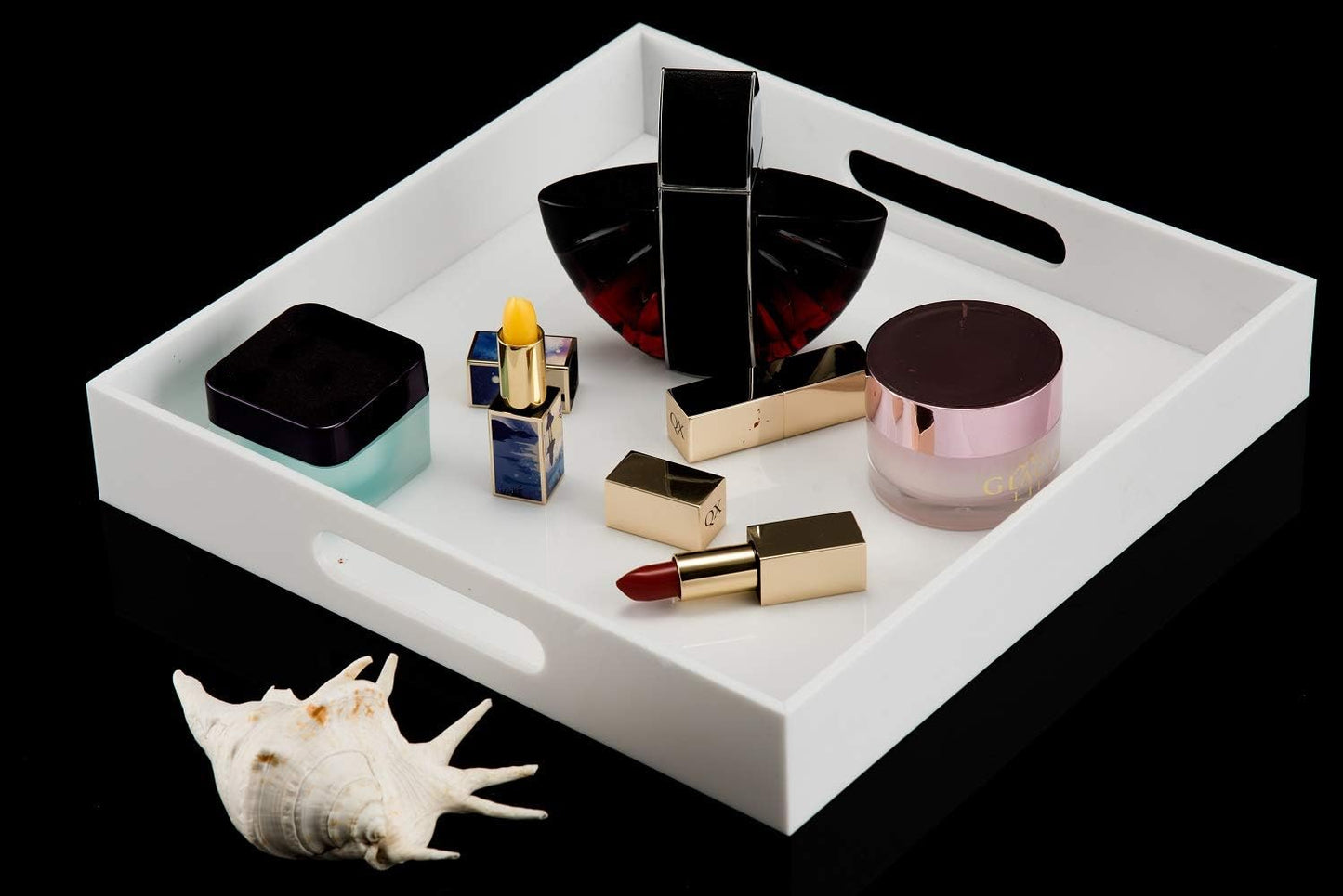 Glossy White Sturdy Acrylic Serving Tray with Handles-12x12Inch-Serving Coffee,Appetizer,Breakfast,Butler-Kitchen Countertop -Cosmetics Organizer-Vanity Table Tray-Ottoman Tray-Decorative