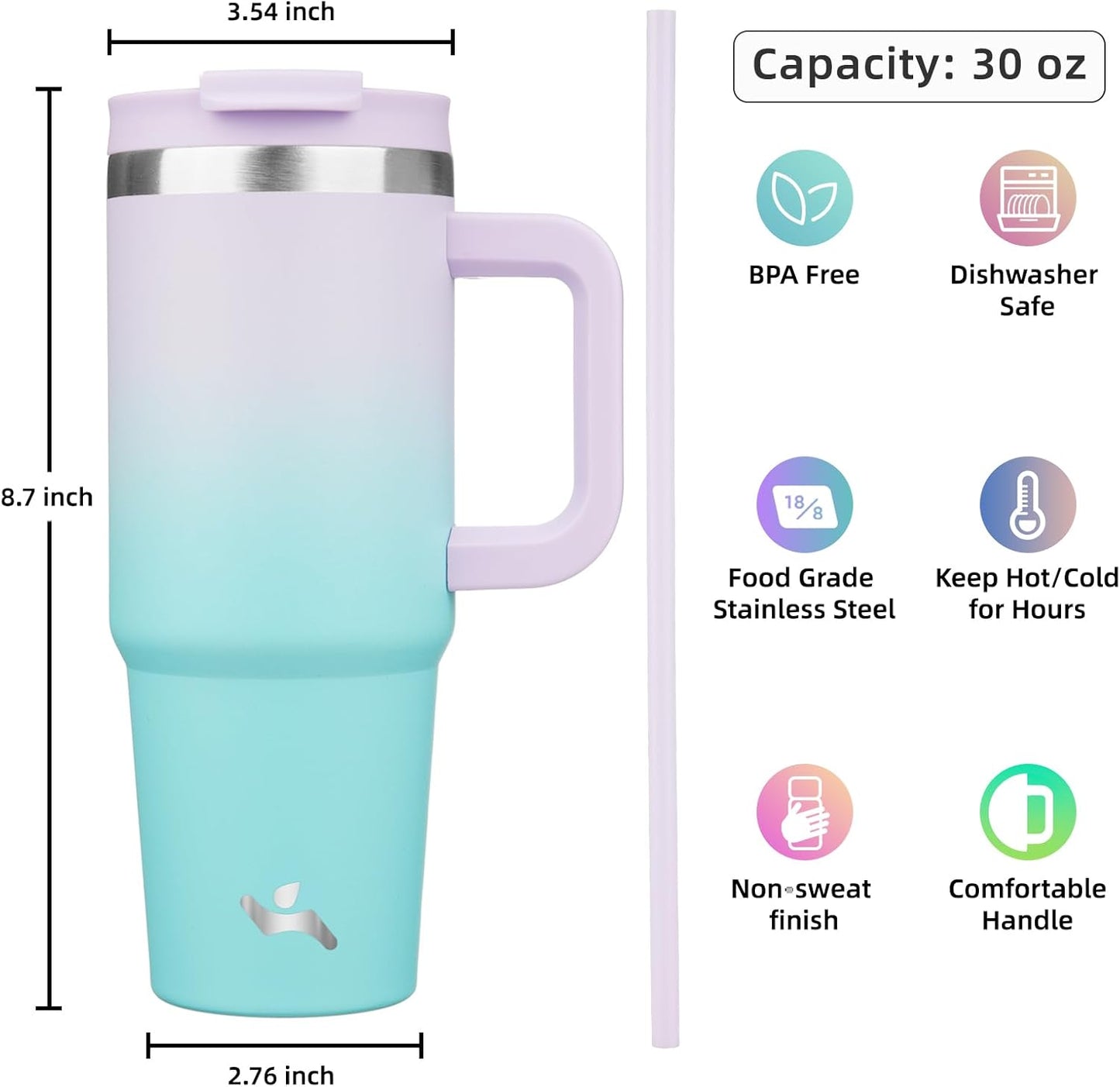 30 oz Tumbler with Handle and 2 Straws,2 in 1 Lid Insulated Water Bottle Stainless Steel Travel Coffee Mug,Lavender Green