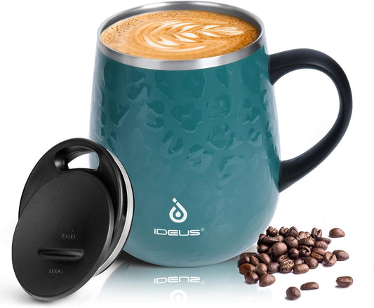 Ideus 16 oz (470 ml) Insulated Coffee Mug with Handle and Lid, Double Wall Stainless Steel Vacuum Thermal Coffee Mug, Travel Coffee Cup Thermal Cup for Home and Office, Leopard Green