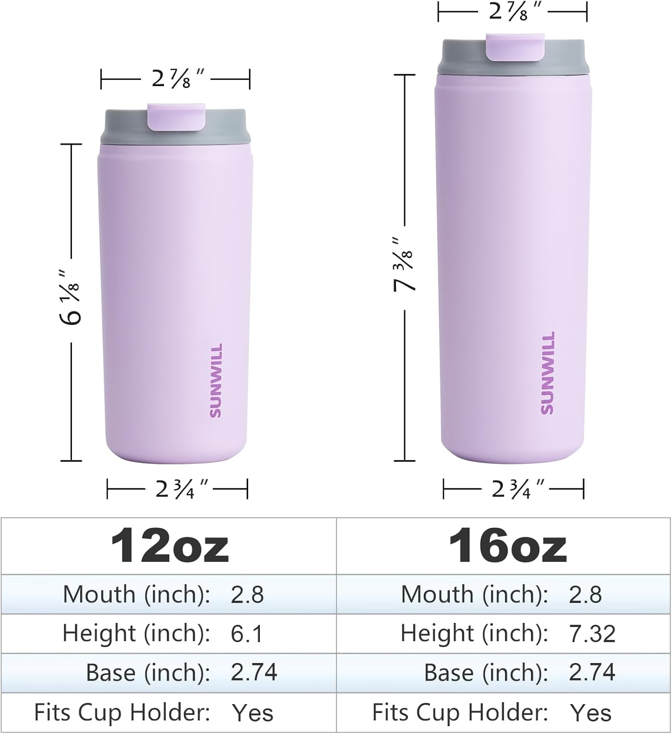 SUNWILL Travel Coffee Mug with Lid, Leak Proof Tumbler Stainless Steel, 16 oz Insulated Cup for Water, Tea, Ice, Powder Coated Lavender