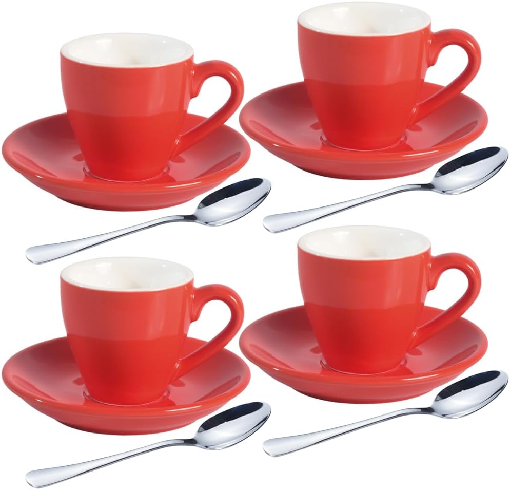 homEdge Porcelain Espresso Shot Cup Set with Saucers and Stainless Steel Spoons - 80 ml / 2.67 oz, Set of 4, Red