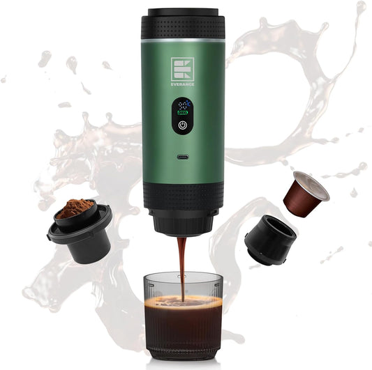 Portable Electric Espresso Machine, Travel Coffee Maker Brewer Compatible with Ground Coffee & NS Capsules (Green with LCD Screen)