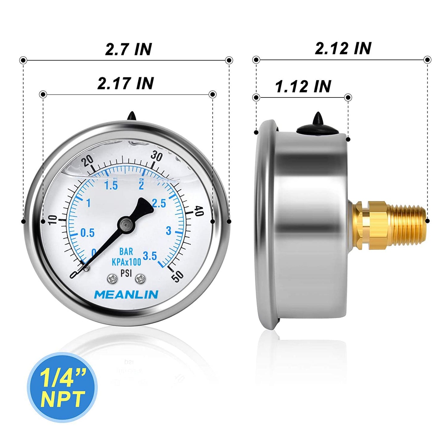 MEANLIN MEASURE 0~50Psi Stainless Steel 1/4" NPT 2.5" FACE DIAL Liquid Filled Pressure Gauge WOG Water Oil Air Center Back Mount, with 1/4" x 1/2" NPT and 1/4" x 3/8" NPT Hex Bushing