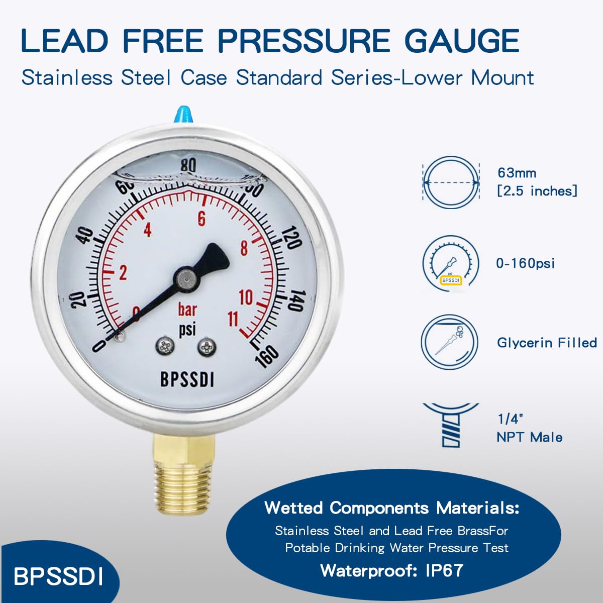 0-160 Psi Glycerin Liquid Filled Low Pressure Gauge, 2.5" Dial Size, 1/4" NPT Lower Mount, 304 Stainless Steel Case, for Water Pump, Pneumatic Air, RV Hose, Gas Pressure Test