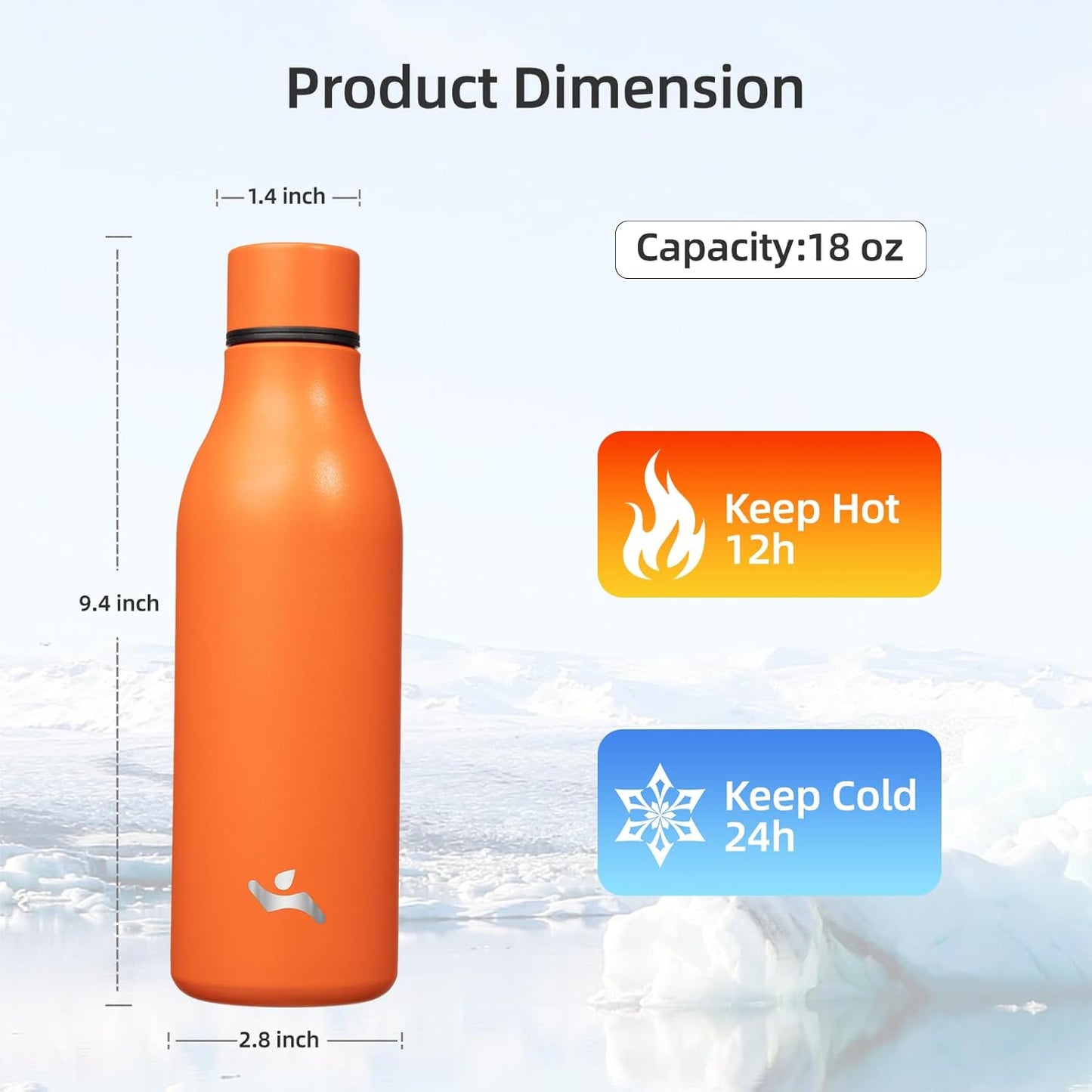Insulated Water Bottle with Strap,18 oz Double Wall Stainless Steel Vacuum Bottles Metal Water Flask,Orange