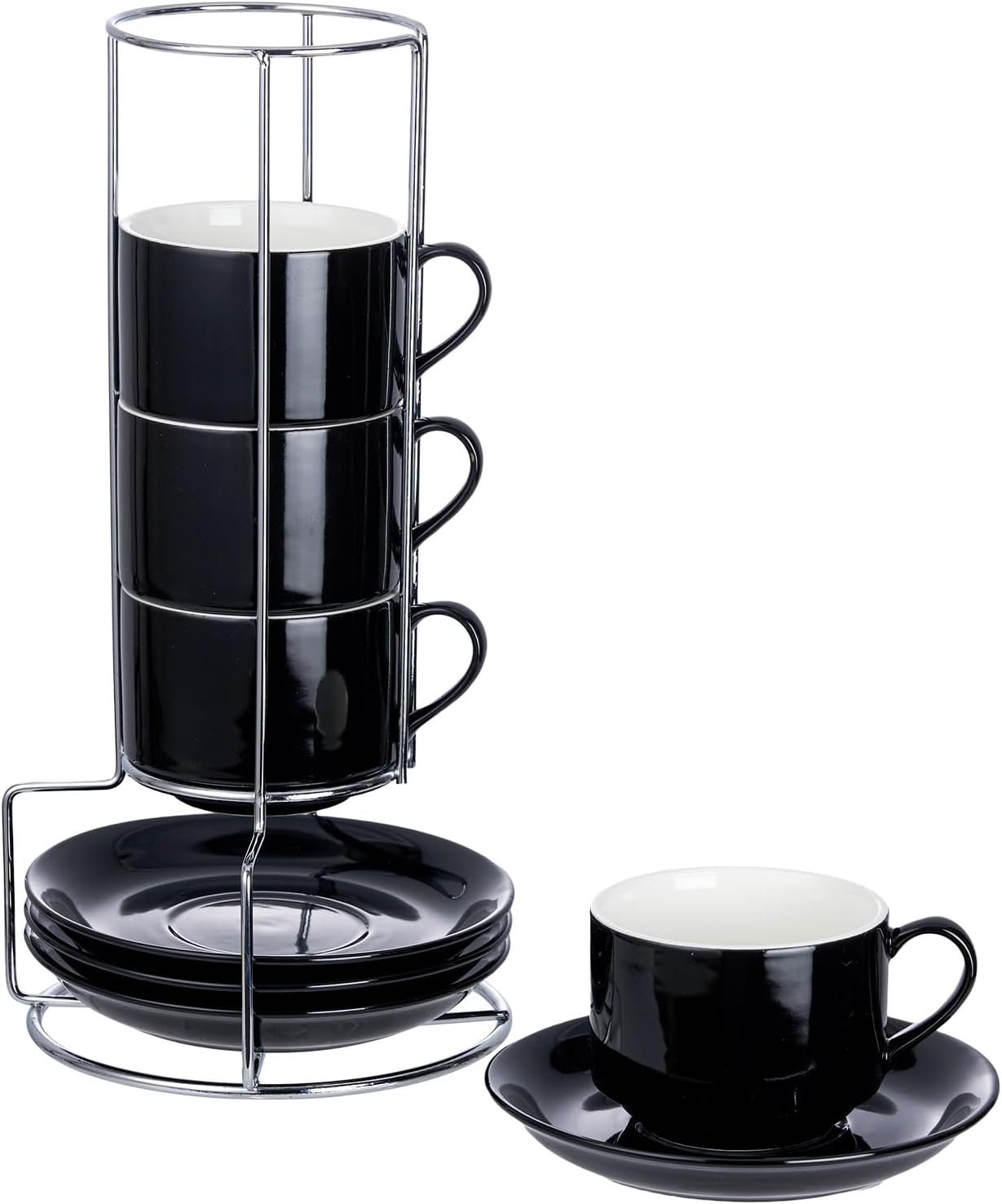 8 Ounce Porcelain Cappuccino Cups with Saucers and Silver Stand, Black Cups Set of 4