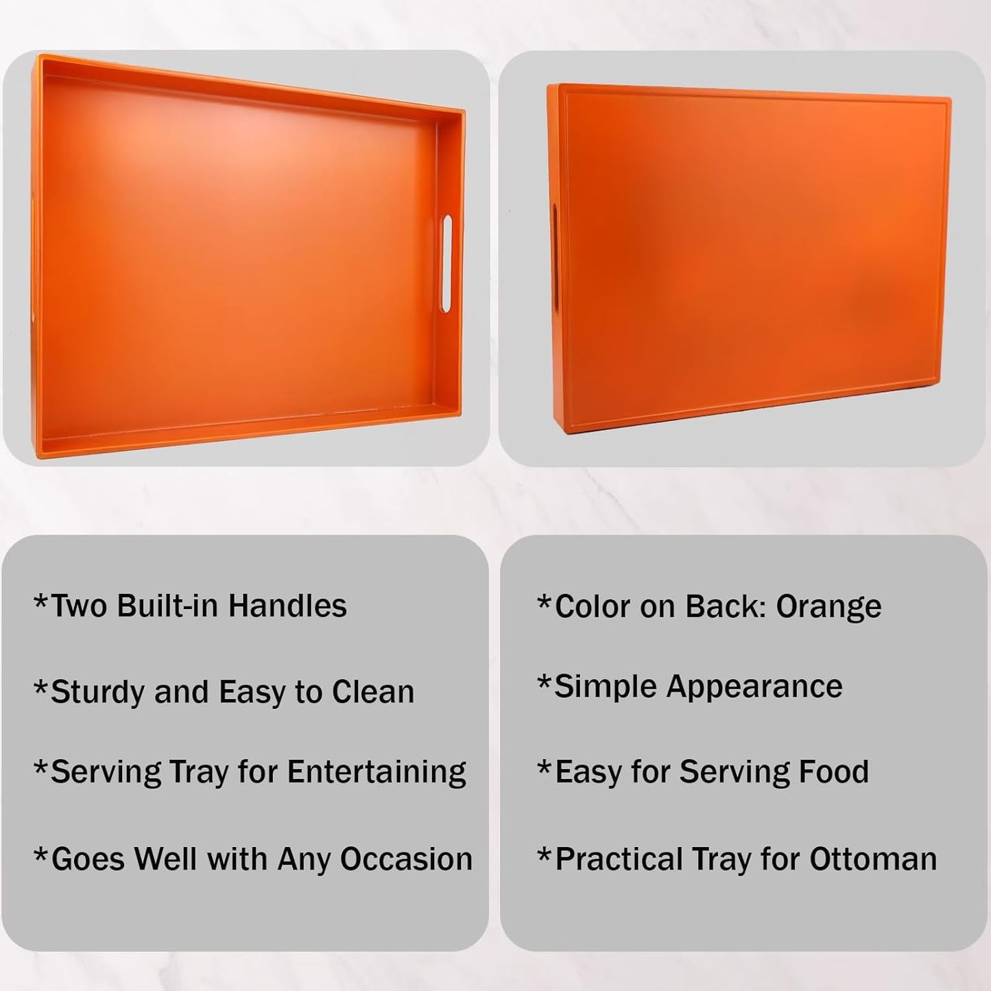 Ornage Serving Tray for Coffee Table, Rectangular Plastic Decorative Tray with Handles for Entertaining, Outdoor Patio, Living Room, Ottoman, Bathroom Counter, 11.8”*15.7”*1.6”