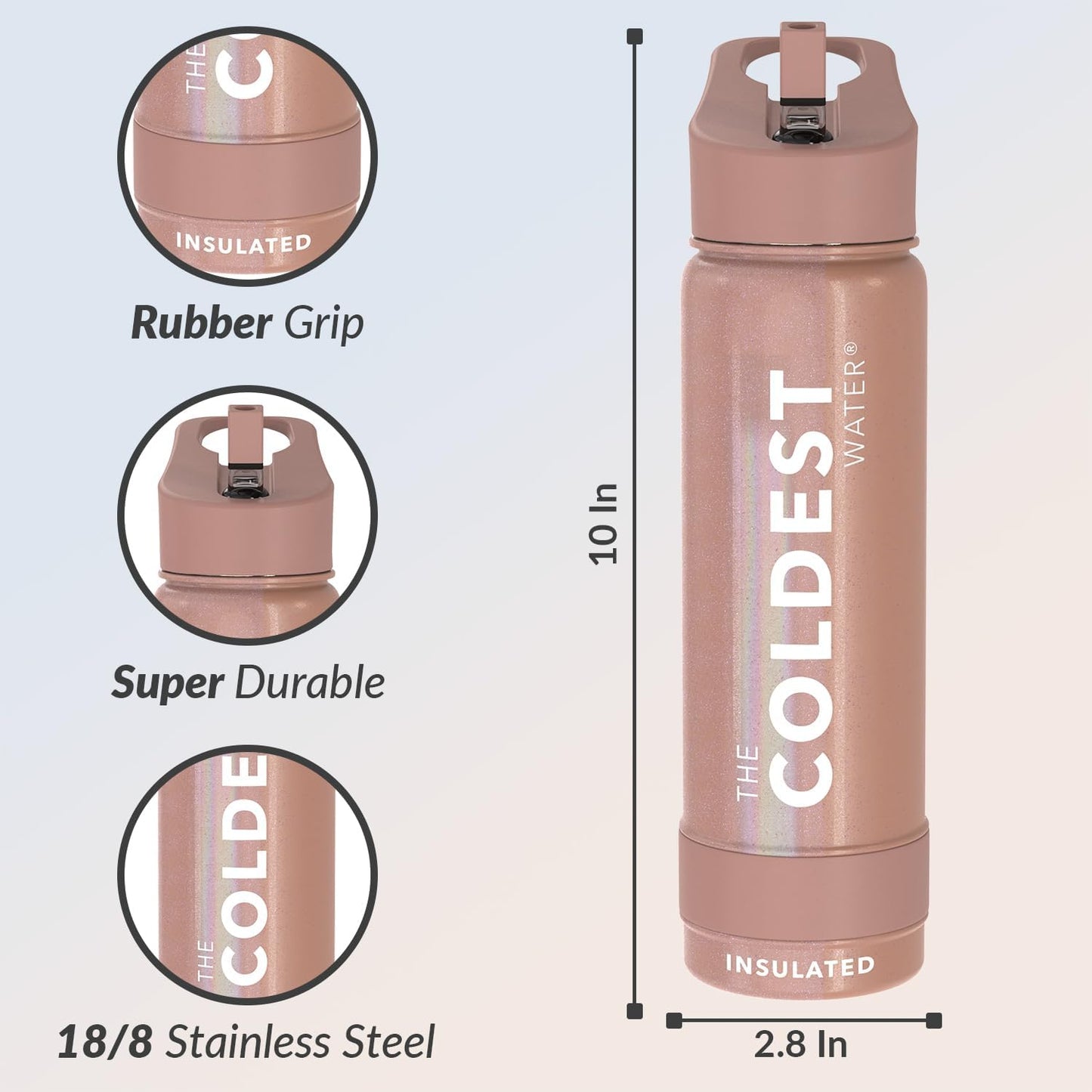 Coldest Insulated Water Bottle with Straw Lid - Stainless Steel Metal Insulated Bottle for Men & Women (Golden Rose Glitter, 24 oz)