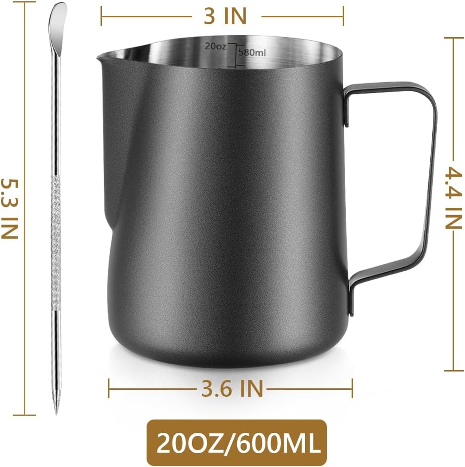 Frothing Milk Pitcher, 20 oz/600 ml Stainless Steel Frothing Milk Jug with Latte Art Pen,with Internal Measurements, for Cappuccino, Espresso and More