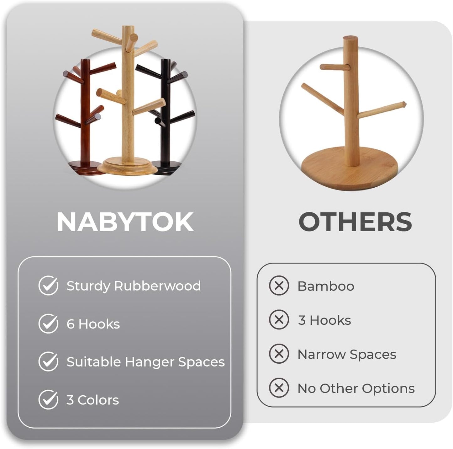 Pack 2 Mug Tree 6 Hooks Rubberwood 13.5"x7"x7", Strudy & Thick Base, Large & Small Cup Holder Tree Wooden for Jewelry, Kitchen Tools, Pantry, Ornaments, Countertop, Table Organizer (Brown)