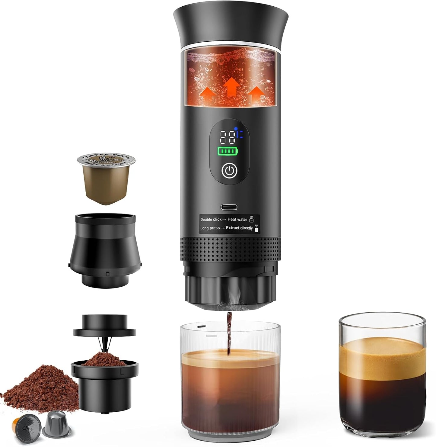 Portable Espresso Machine for Hiking Smart Display, 20 bar Mini Travel Coffee maker, Expresso Coffee Machines with USB-C,3-in-1 Car Coffee Maker Self-Heating, Ground Coffee & Capsule(Ns&DG)