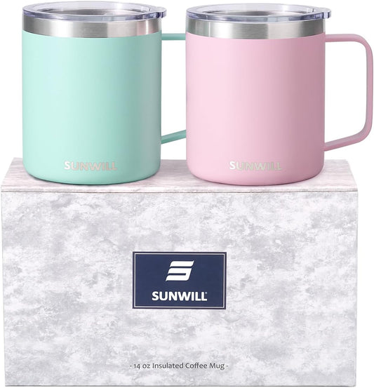 SUNWILL Travel Coffee Mug with Lid, Insulated Tumbler with Handle, 14 oz Stainless Steel Cup Set for Camping, Outdoor, Powder Coated Sakura & Mint 2 Pack