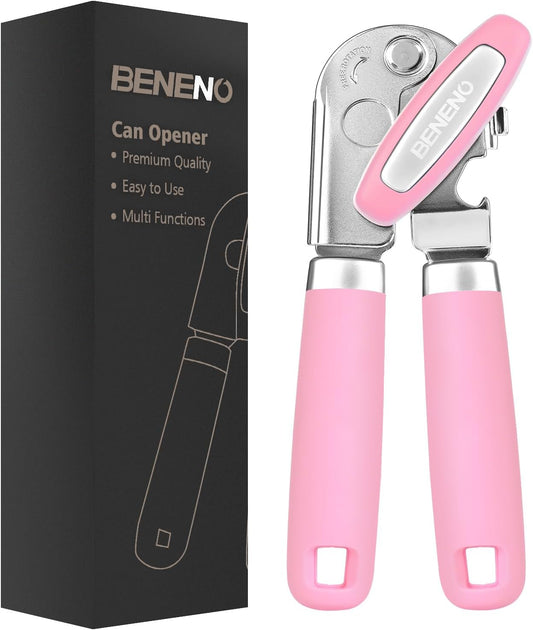 Beneno Can Opener Manual with Magnet, Hand Held Heavy Duty Can Opener with Durable Sharp Blade Smooth Edge, Big Effort-Saving Knob, Soft Grip Rubber Handle, Multifunctional Bottle Opener, Pink