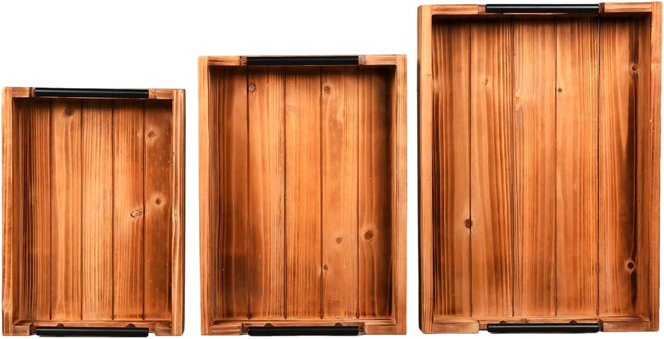 Coffee Table Tray Decorative Nested Vintage Wood Serving Tray Set for Eating, Breakfast, Party, Kitchen, Ottoman,Tea Coffee Table Large Ottoman Trays (Wood, 3Pc)