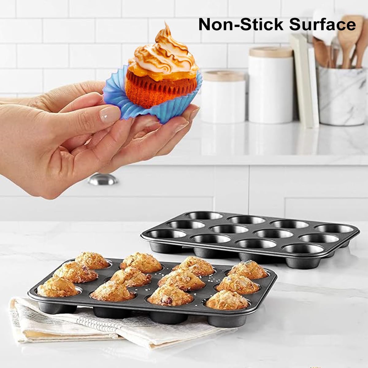 Muffin Pan, Cupcake Pan, Set of 2, 12-Cup Muffin Tin, Non-Stick Bakeware, Easy to Release and Clean, Baking Molds, Muffin Tray, Molds for Homemade Cupcakes & Muffins (Black)