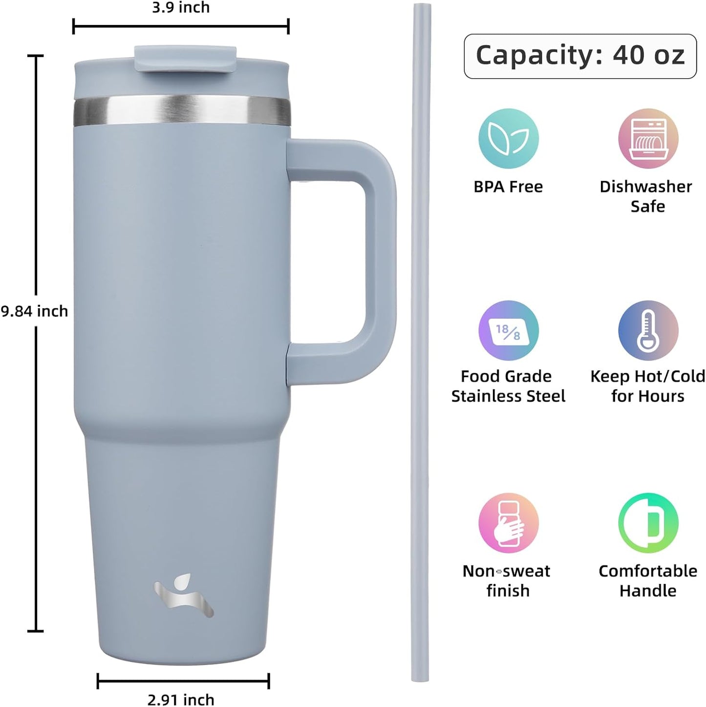 40 oz Tumbler with Handle and 2 Straws,2 in 1 Lid Insulated Water Bottle Stainless Steel Travel Coffee Mug,Lavender