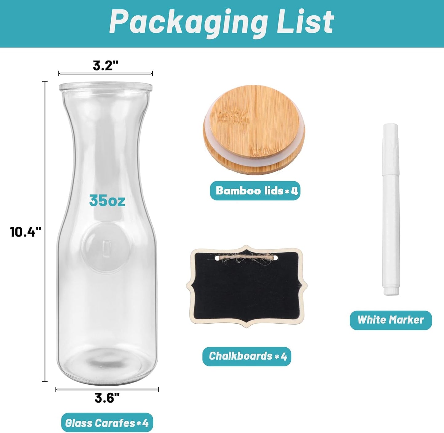 Glass Carafe with Bamboo Lid,35 Oz Beverage Dispensers Carafe,Mimosa Bar Supplies,Juice Bottles, Clear Glass Pitcher with Name Labels for Iced Tea,Coffee,Juice(Set of 4)