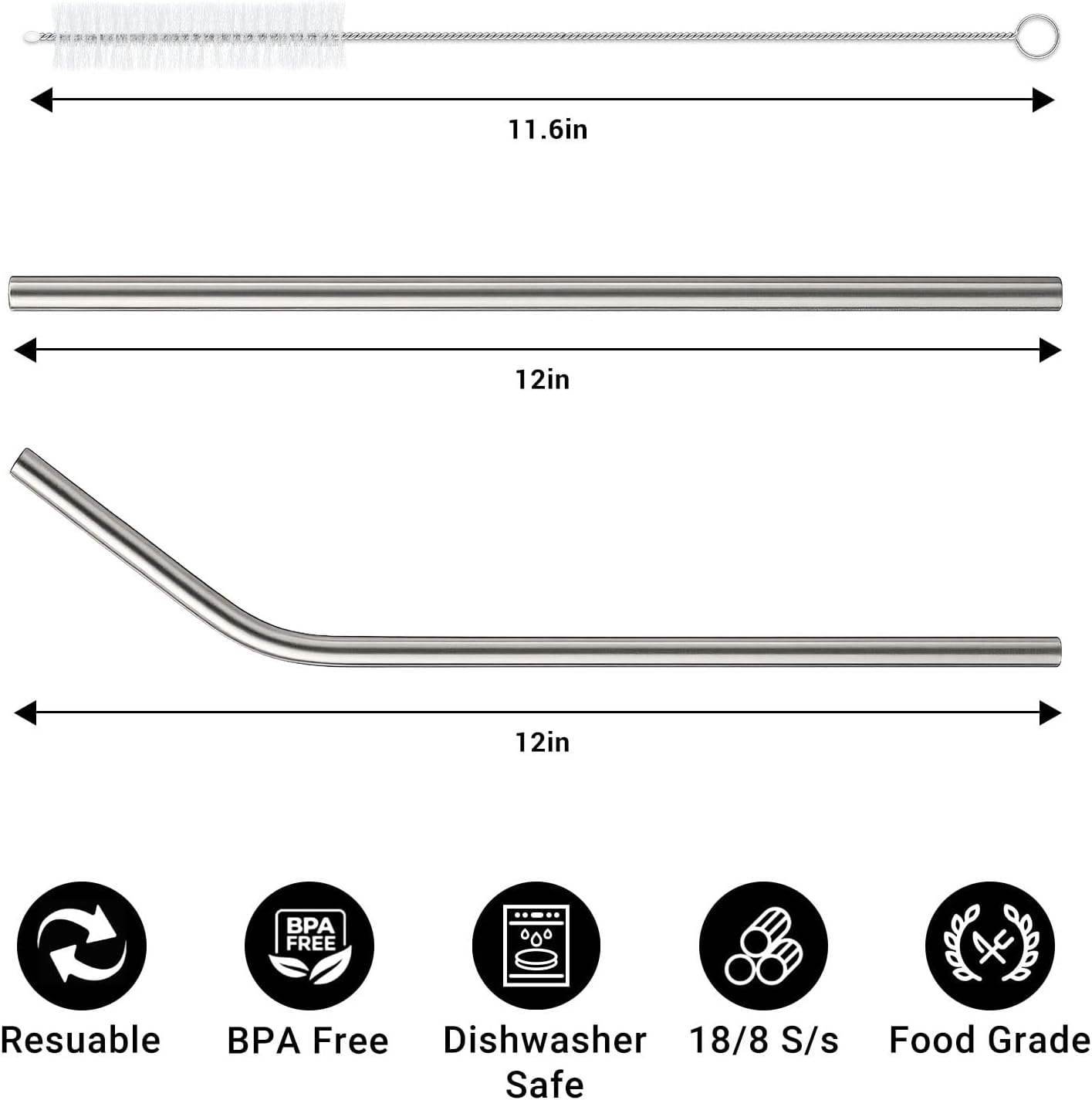6 Pack Stainless Steel Straw Replacement for Stanley 40 oz 30 oz Tumbler,3 Straight + 3 Curved BPA Free Reusable Metal Straws with Cleaning Brush, 12Inch Long Drinking Reusable Accessories