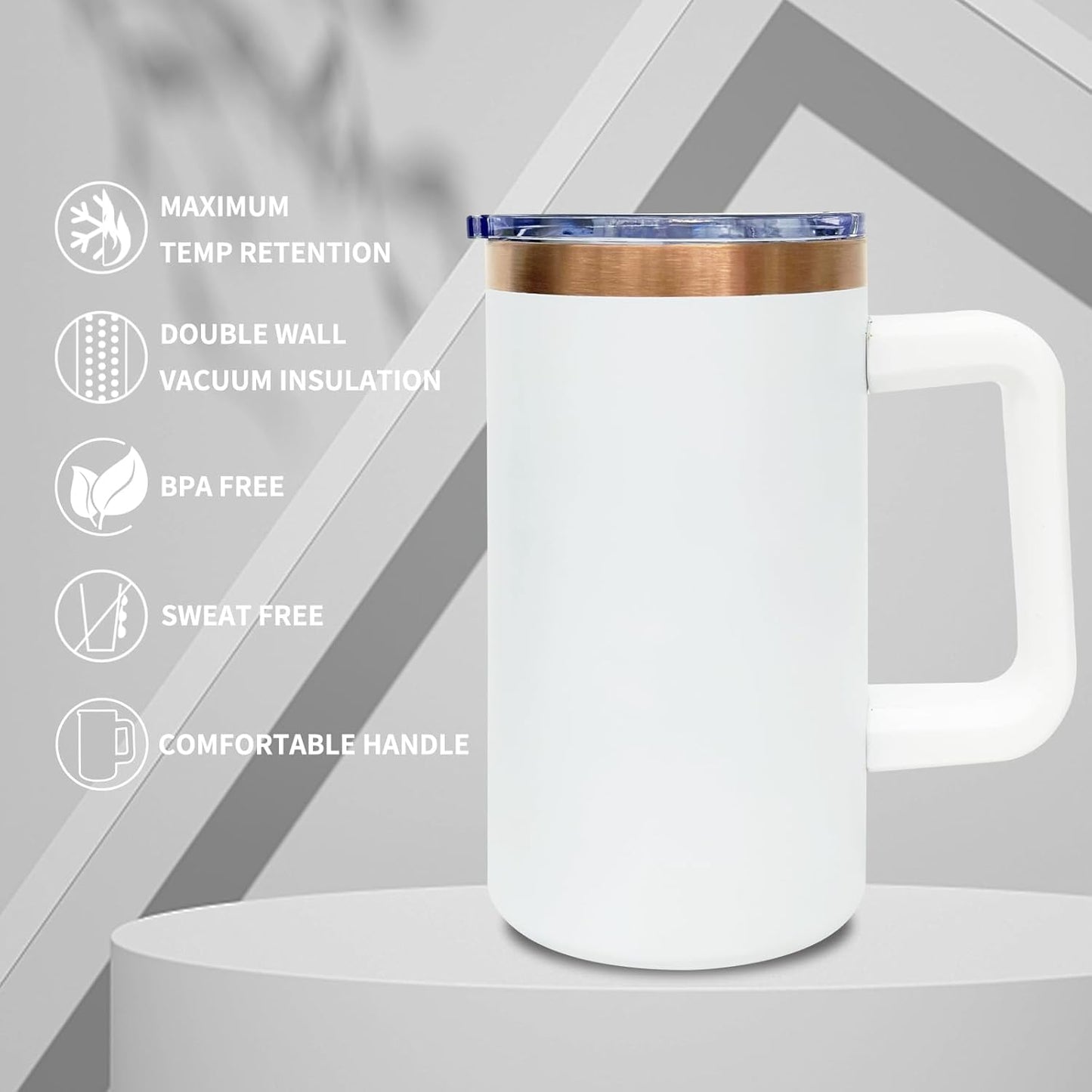 20 oz Insulated Coffee Mug with Lid, Stainless Steel Coffee Tumbler Bulk, Double Wall Vacuum Travel Mug with Handle, Leakproof Powder Coated Coffee Cups for Hot and Cold Drinks (White,1 pack)