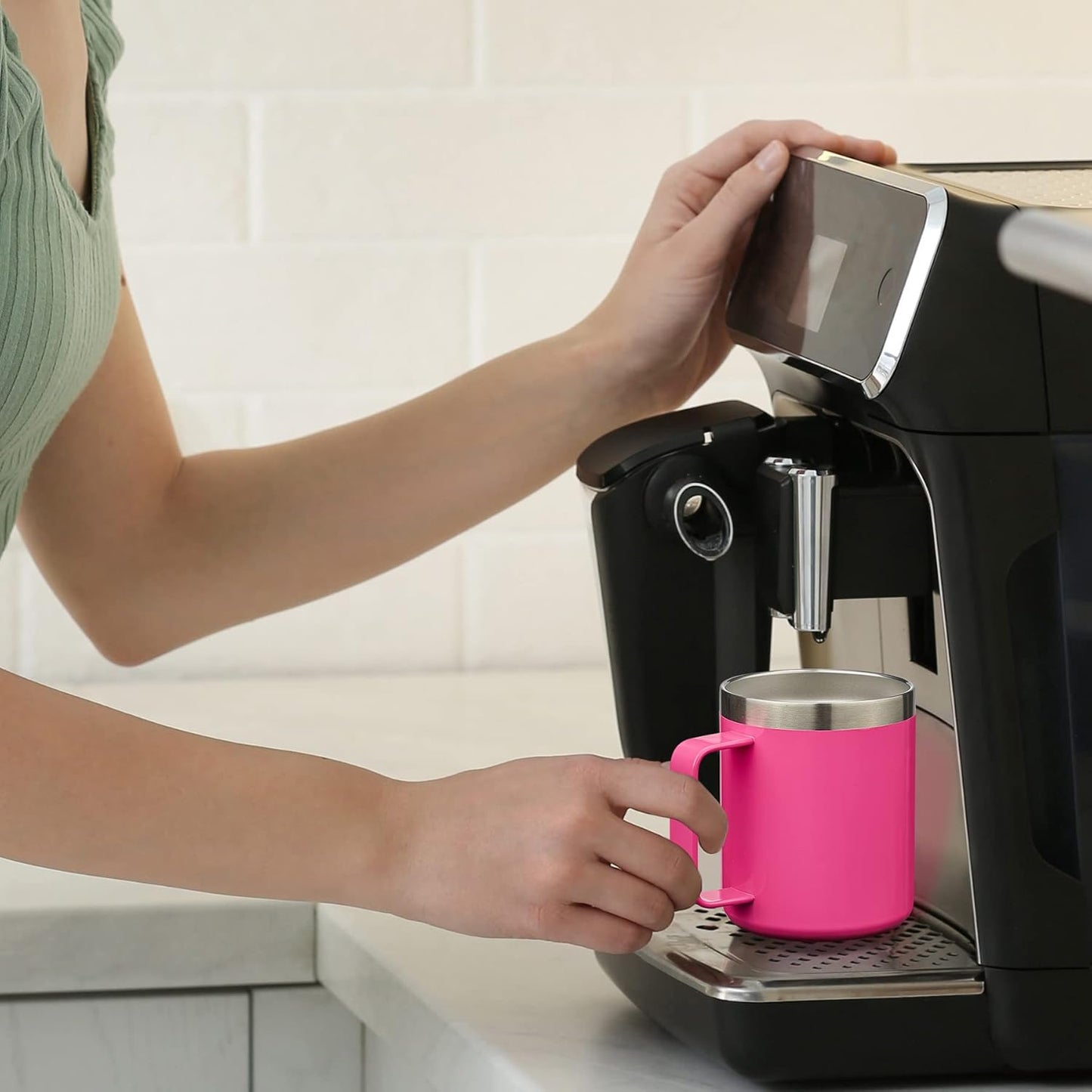 ALOUFEA 12oz Insulated Coffee Mug Cup with Handle, Stainless Steel Travel Coffee Mug with Flip Lid, Double Wall Vacuum Coffee Tumbler, Cream