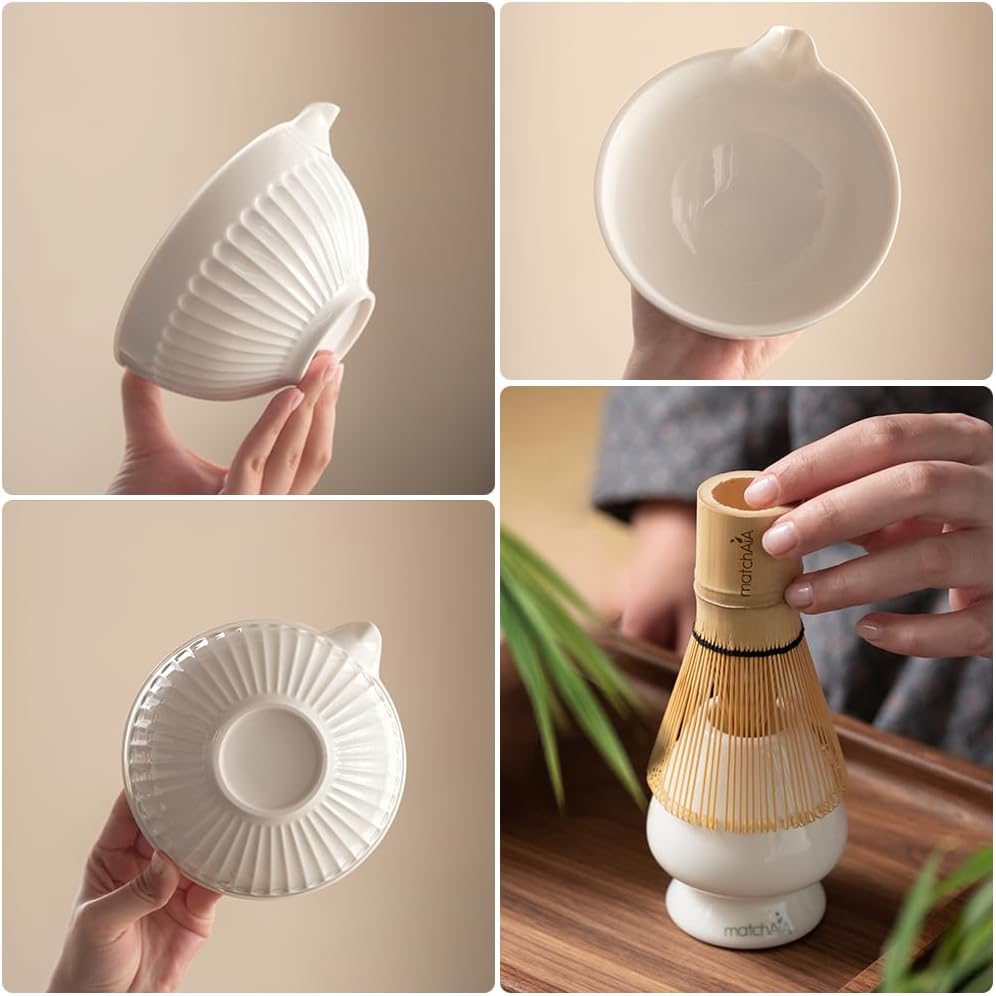 6 Pcs Matcha Set - Ceramic Bowl with Spout, Matcha Whisk with Holder, Tea Powder Canister, Sifter and Spoon, Complete Kit for Traditional Matcha, Modern Lattes, and Tea Ceremonies (White)