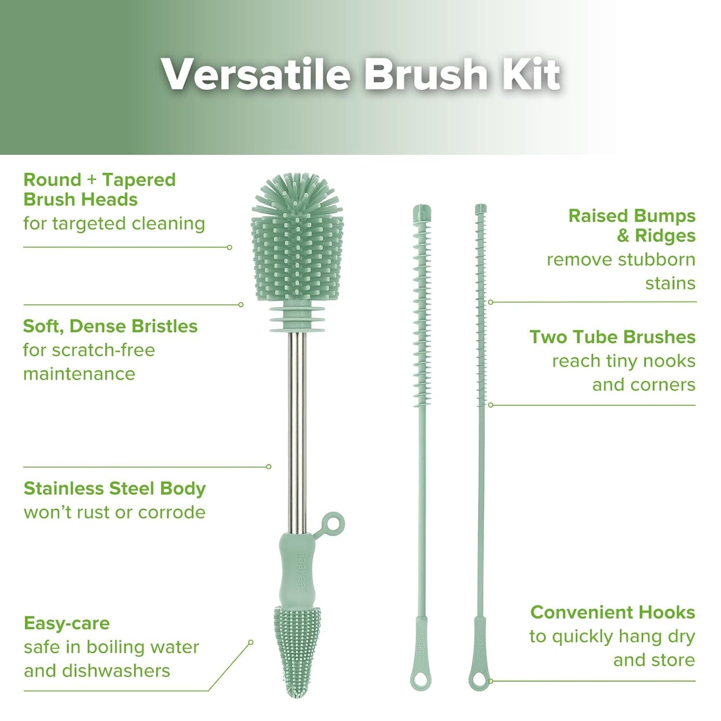 haakaa Silicone Cleaning Brush Kit - Baby Bottle Brush Cleaner for Breast Pump,Nipple,Breast Milk Storage Bag,Reusable Straw,Sippy Cup - Food Grade Silicone Bristles, Portable - 3 Pcs - Pea Green