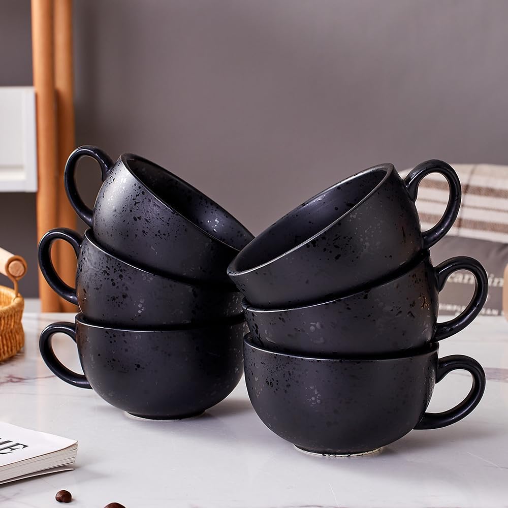 Set of 6 Vintage Design 12 oz Professional Barista Ceramic Latte Art Cappuccino Cups Set (Facular Black * 6)