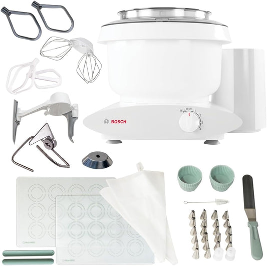 Bosch Universal Plus Stand Mixer with NutriMill Baker's Pack Accessory Bundle including Bowl Scraper, Cookie, and Cake Paddles