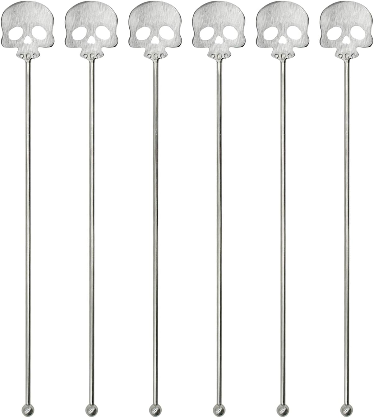 6Pcs Skull Swizzle Sticks 8.7inch Coffee Stirrers Reuseable 18/10(304) Stainless Steel Beverage Cocktail Stirrer for Bar Halloween Party Mixing Drinks