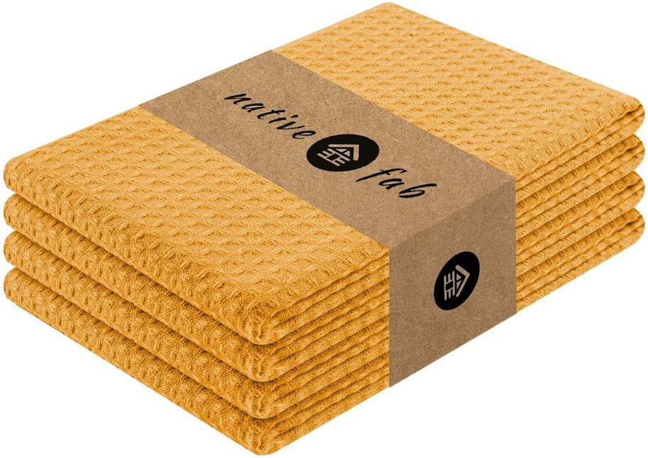 Native Fab Cotton Kitchen Towel with Hanging Loop 16x26 inches, 4-Pack, Waffle Weave Kitchen Towels for Cleaning Drying, Washcloths Soft & Absorbent Cloth Rags, Bar Towel, Dish Cloth, Mustard Yellow