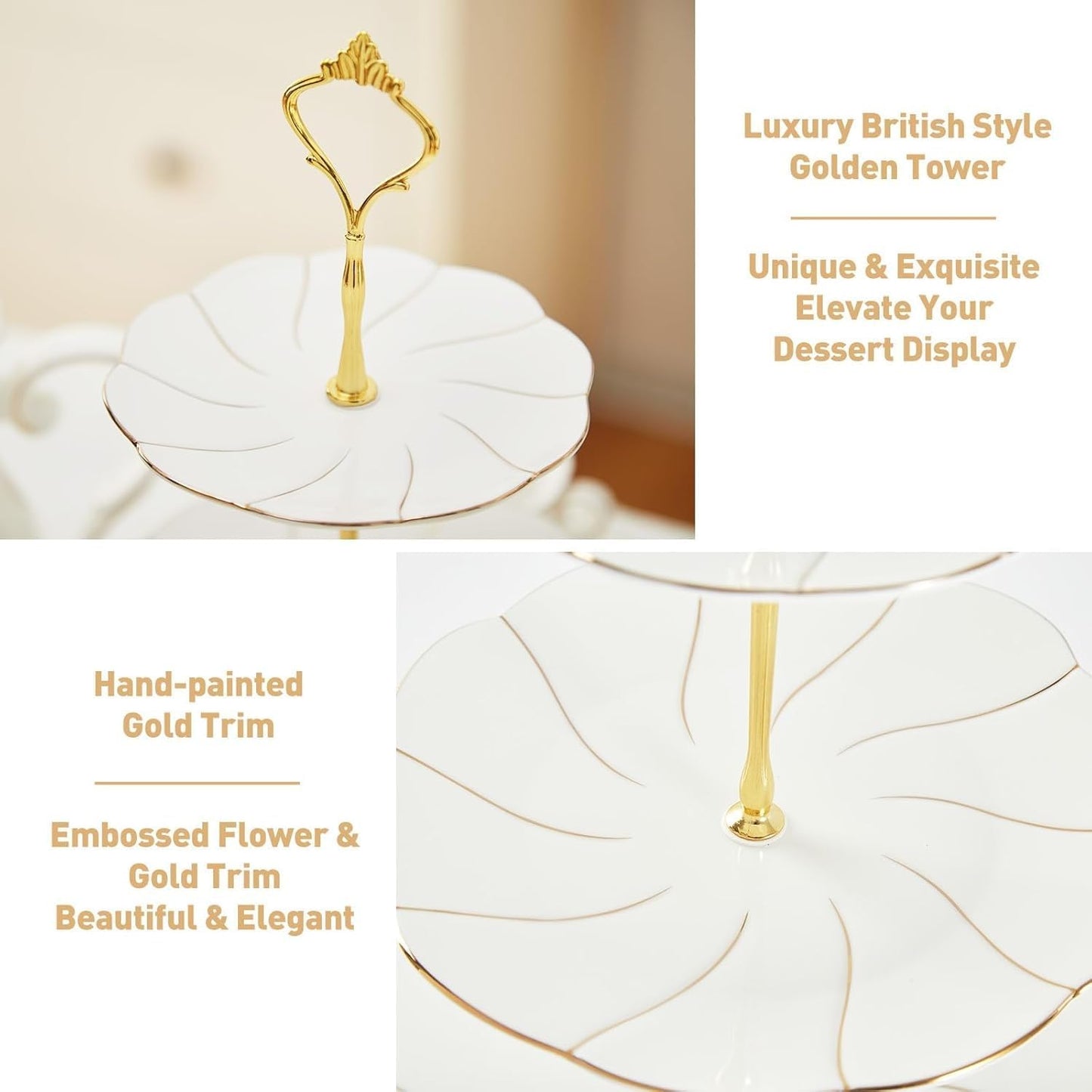 DUJUST Luxury Larger 3-Tier Cupcake Stand Tower, British Style Porcelain Serving Tray with Golden Trim, Food Grade Dessert Display Stand for Tea Party & Home Décor - 45% Larger Plates