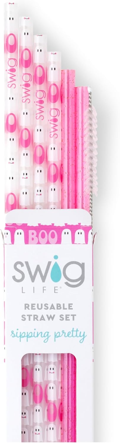 Swig Life Reusable Straws Faboolous + Pink Glitter Tall Straw Set & Cleaning Brush, Each Straw is 10.25 inch Long (Fits Swig Life 20oz Tumblers, 22oz, and 32oz Tumblers)